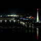 Pyongyang’s Juche Tower and May Day stadium are lit up on the occasion.